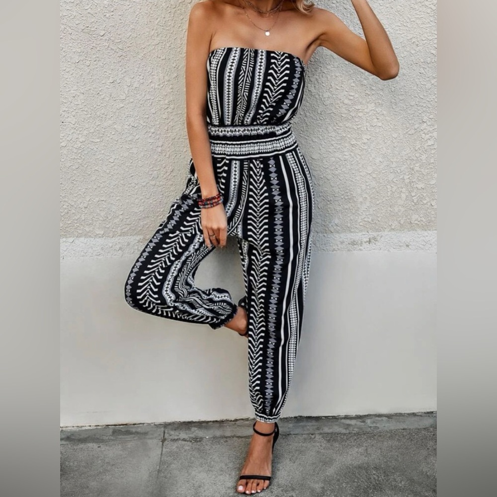 NEW Black and White Geo Print Tube Jumpsuit